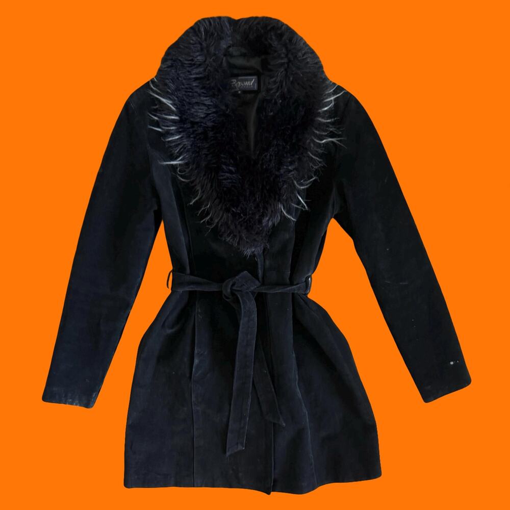 90's vintage black suede 100% leather faux fur penny lane coat jacket MEDIUM